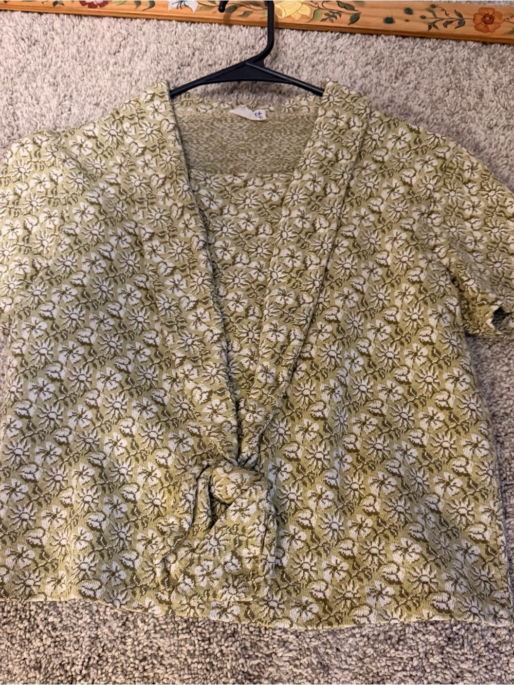 Vintage Olive Green and White Floral Knot-Front Crop Top